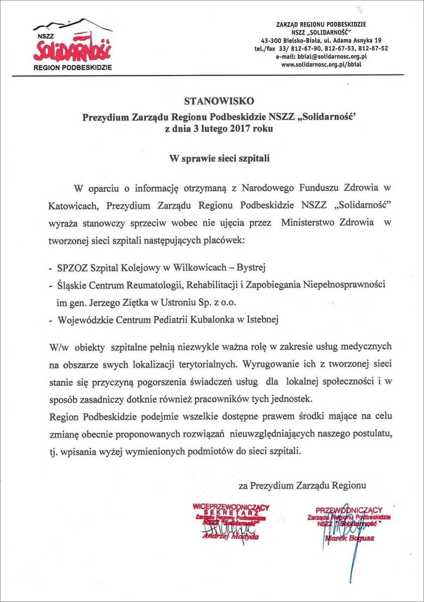 Stanowisko ZR ws. sieci szpitali