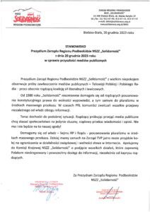 Stanowisko Prezydium ZR Podbeskidzie NSZZ „Solidarność” w sprawie przyszłości mediów publicznych