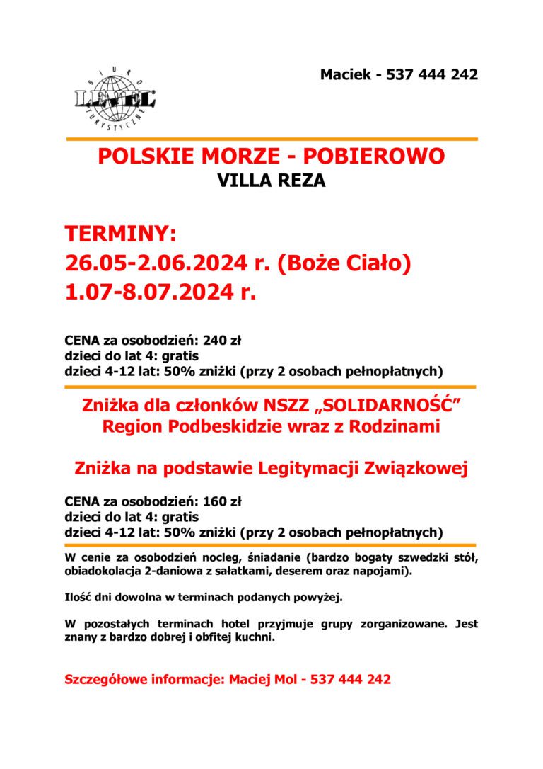 Biuro turystyczne „LEVEL” ma super ZNIŻKĘ dla członków Regionu Podbeskidzie NSZZ „Solidarność”