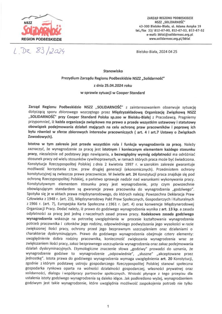 Stanowisko Prezydium Zarządu Regionu Podbeskidzie NSZZ „Solidarność” w sprawie sytuacji w Cooper Standard