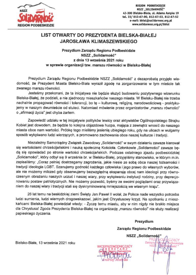 List otwarty do Prezydenta Bielska-Białej Jarosława Klimaszewskiego