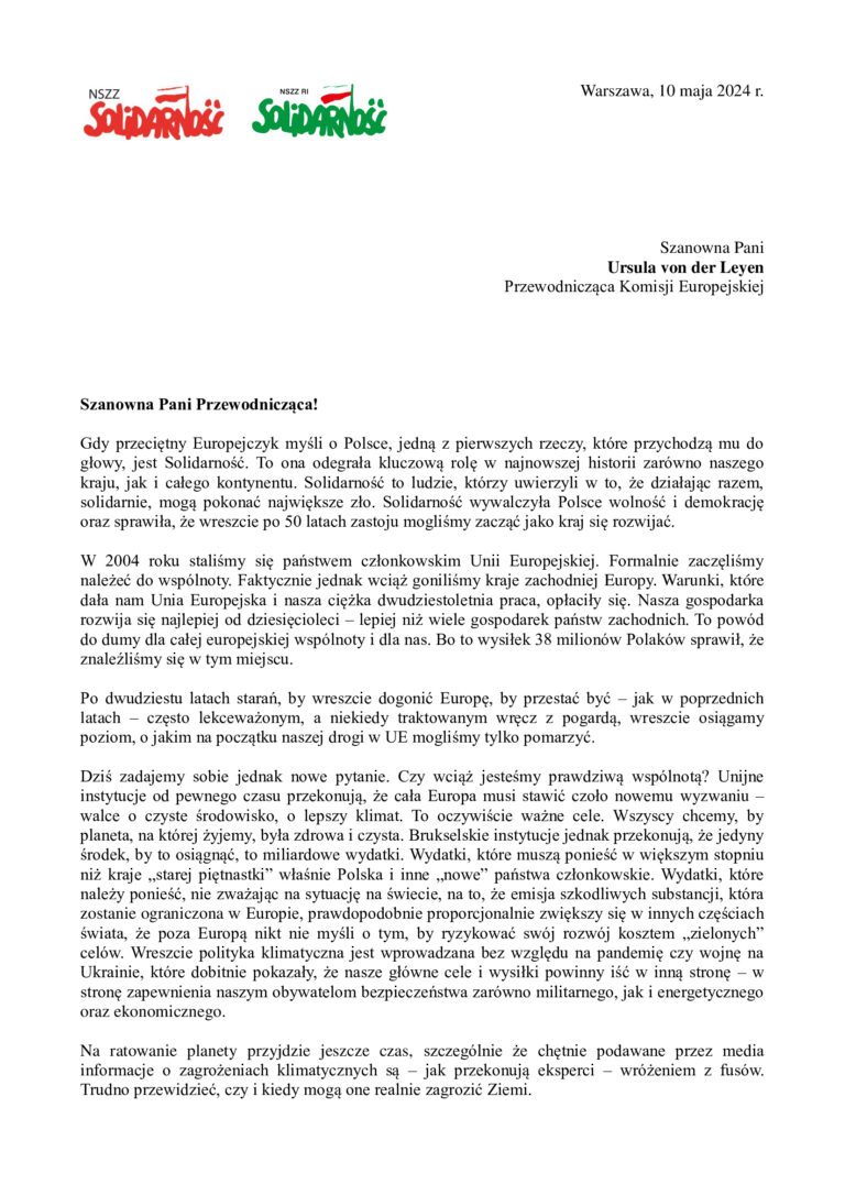 List otwarty do Marszałka Sejmu RP oraz do Przewodniczącej Komisji Europejskiej ws. Zielonego Ładu