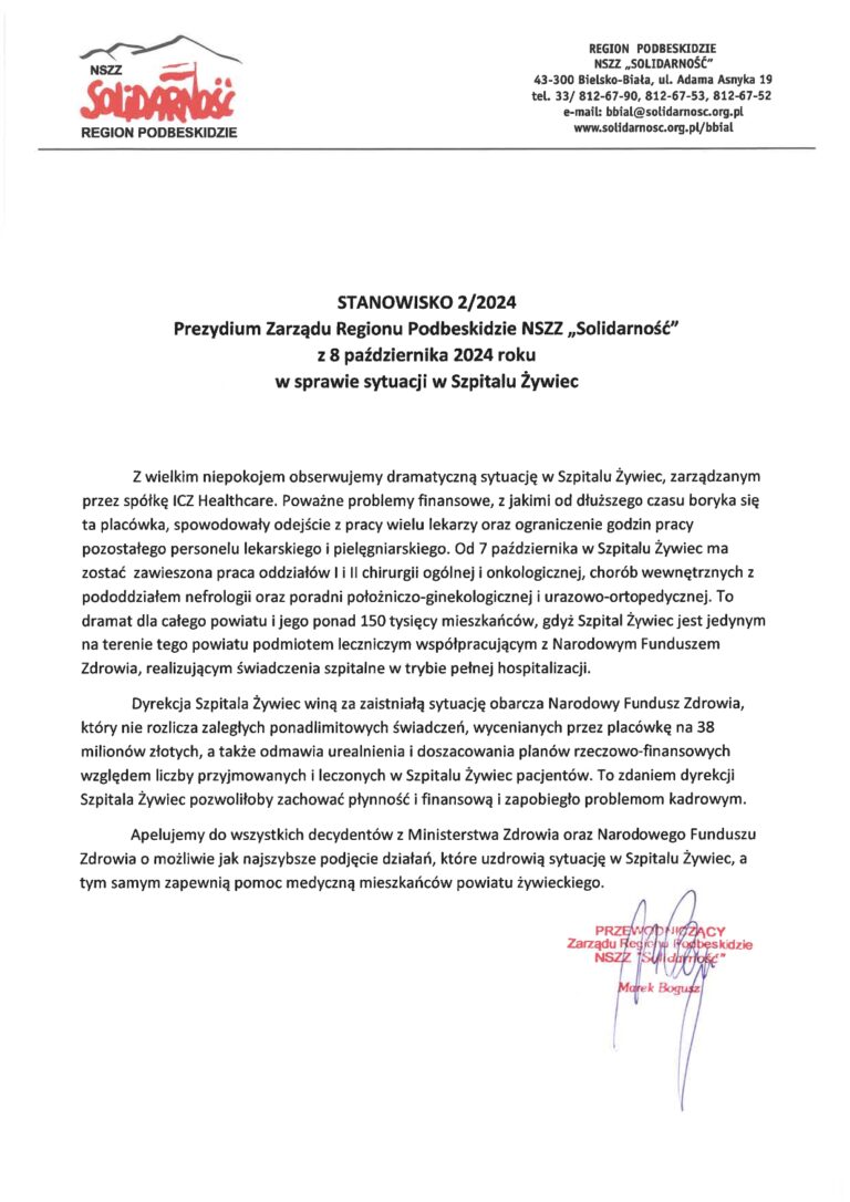 #STANOWISKO 2/2024 Prezydium Zarządu Regionu Podbeskidzie NSZZ „Solidarność”