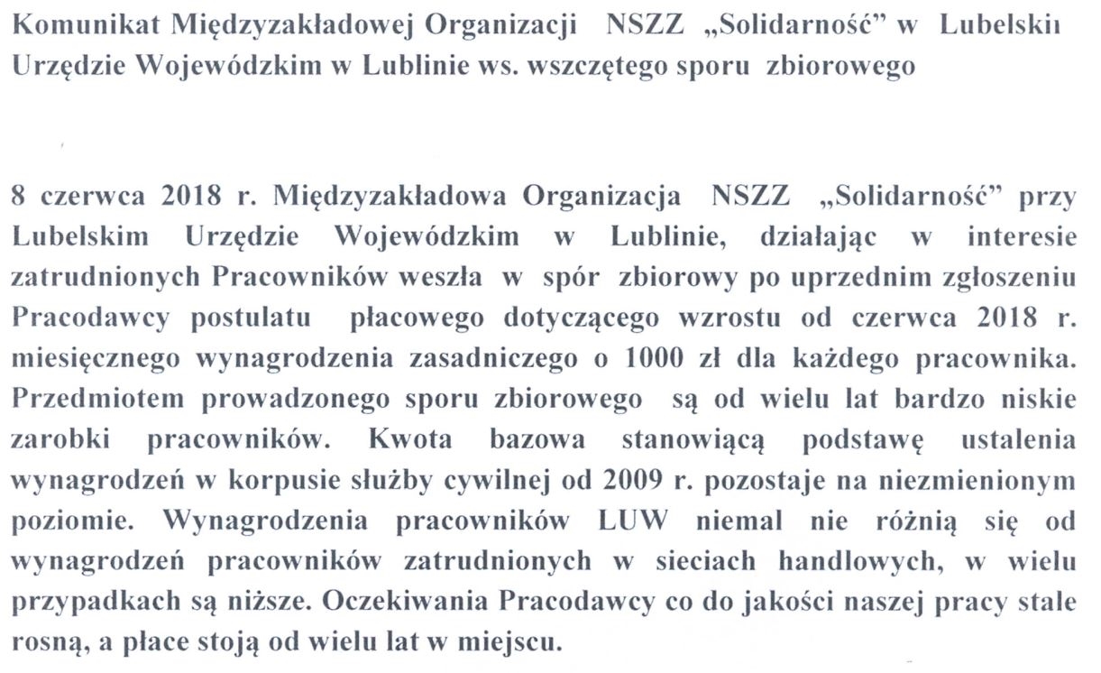 Komunikat Międzyzakładowej Organizacji NSZZ „Solidarność